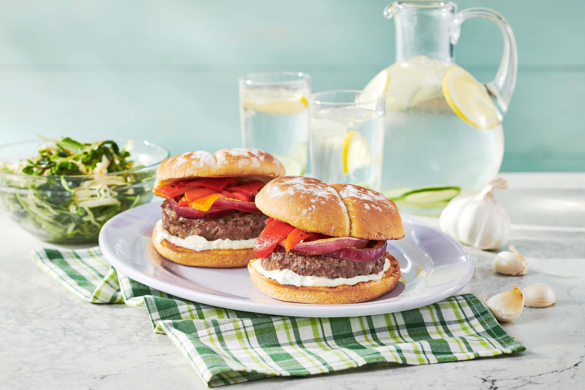 Burgers with Roasted Peppers & Onions
