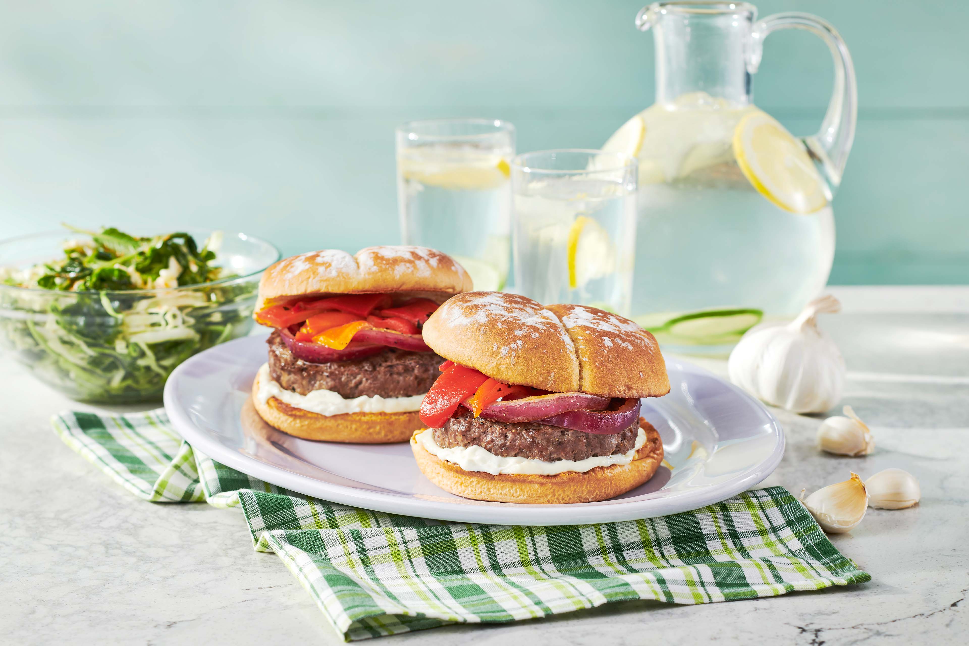 Burgers with Roasted Peppers & Onions