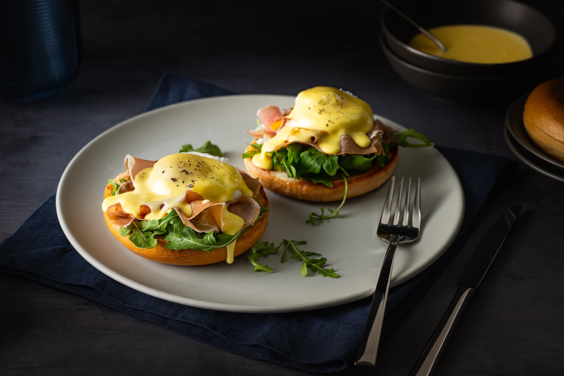 Eggs Benedict and Prosciutto Bagel