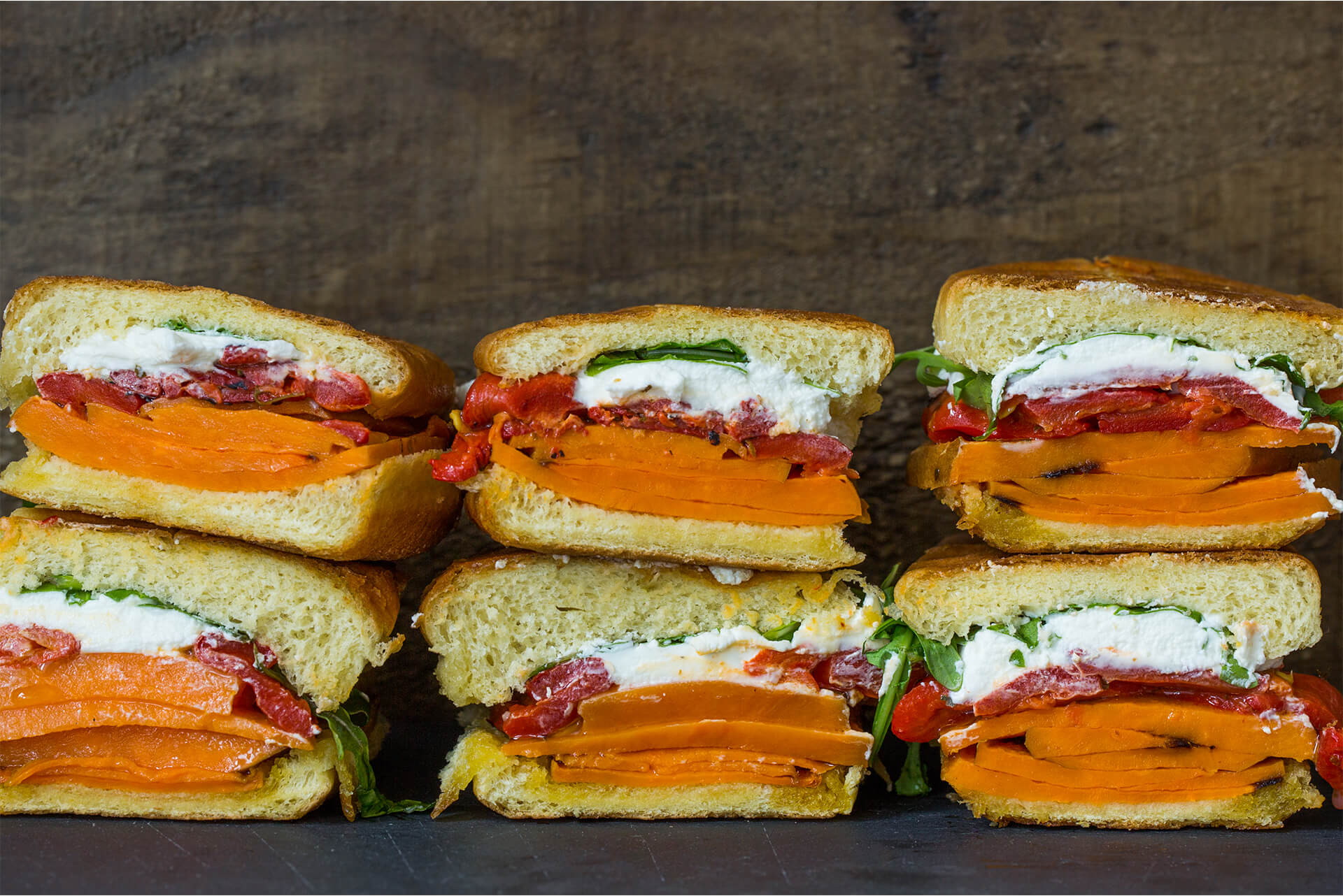 Sweet Potato Sandwich with Roasted Peppers & Goat Cheese